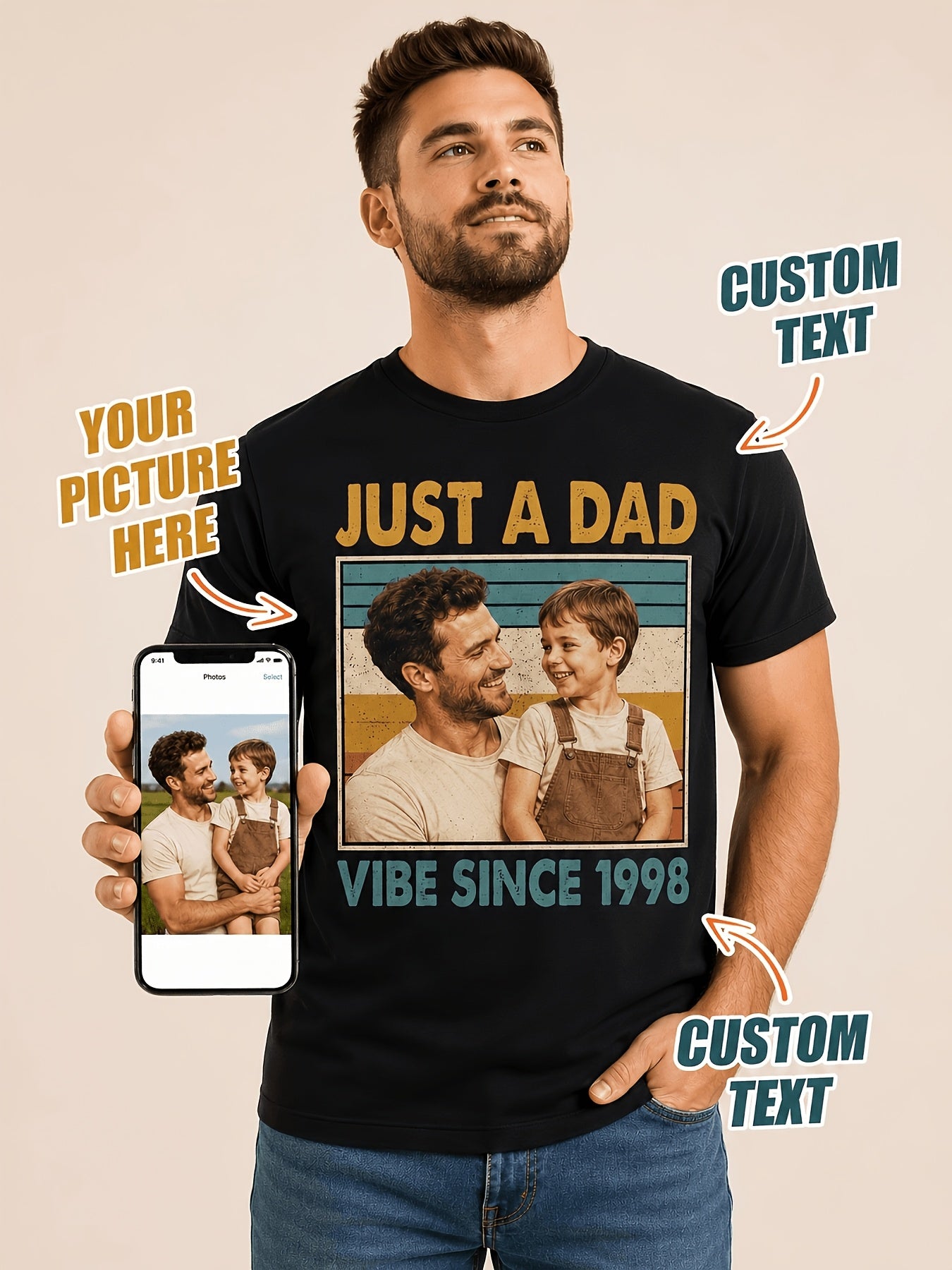 Women's Men's Personalized Custom T-Shirt, Loose Fit Custom Personalized Tee, Custom Photo Text Print Crewneck Tee, Customized Gift for Birthday Family Reunion Vacation, Customized T-shirts for Couples, Fathers, Mothers, And Girlfriends