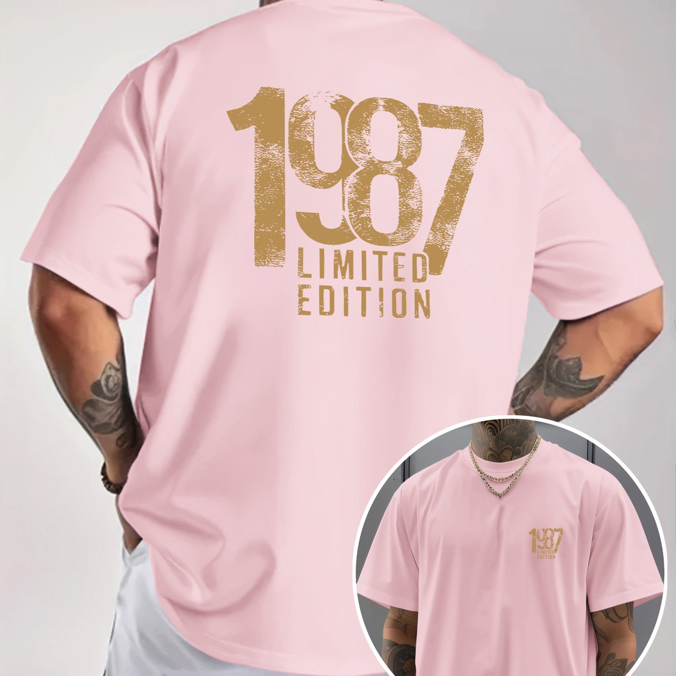 Men'S Trendy Round Neck T-Shirt, Casual Daily Short Sleeve Tee, 1987 Number And Letter Print T-Shirt, As a Gift