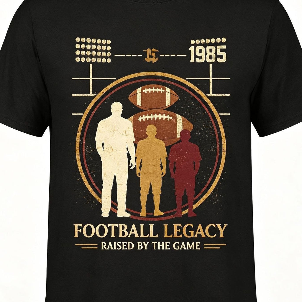 Men's Short Sleeve T-Shirt, Football Legacy Graphic Tee with 1985 Field Silhouettes and Stacked Footballs, Casual Sports Nostalgia Style for Game Day and Weekend Wear