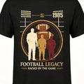 Men's Short Sleeve T-Shirt, Football Legacy Graphic Tee with 1985 Field Silhouettes and Stacked Footballs, Casual Sports Nostalgia Style for Game Day and Weekend Wear