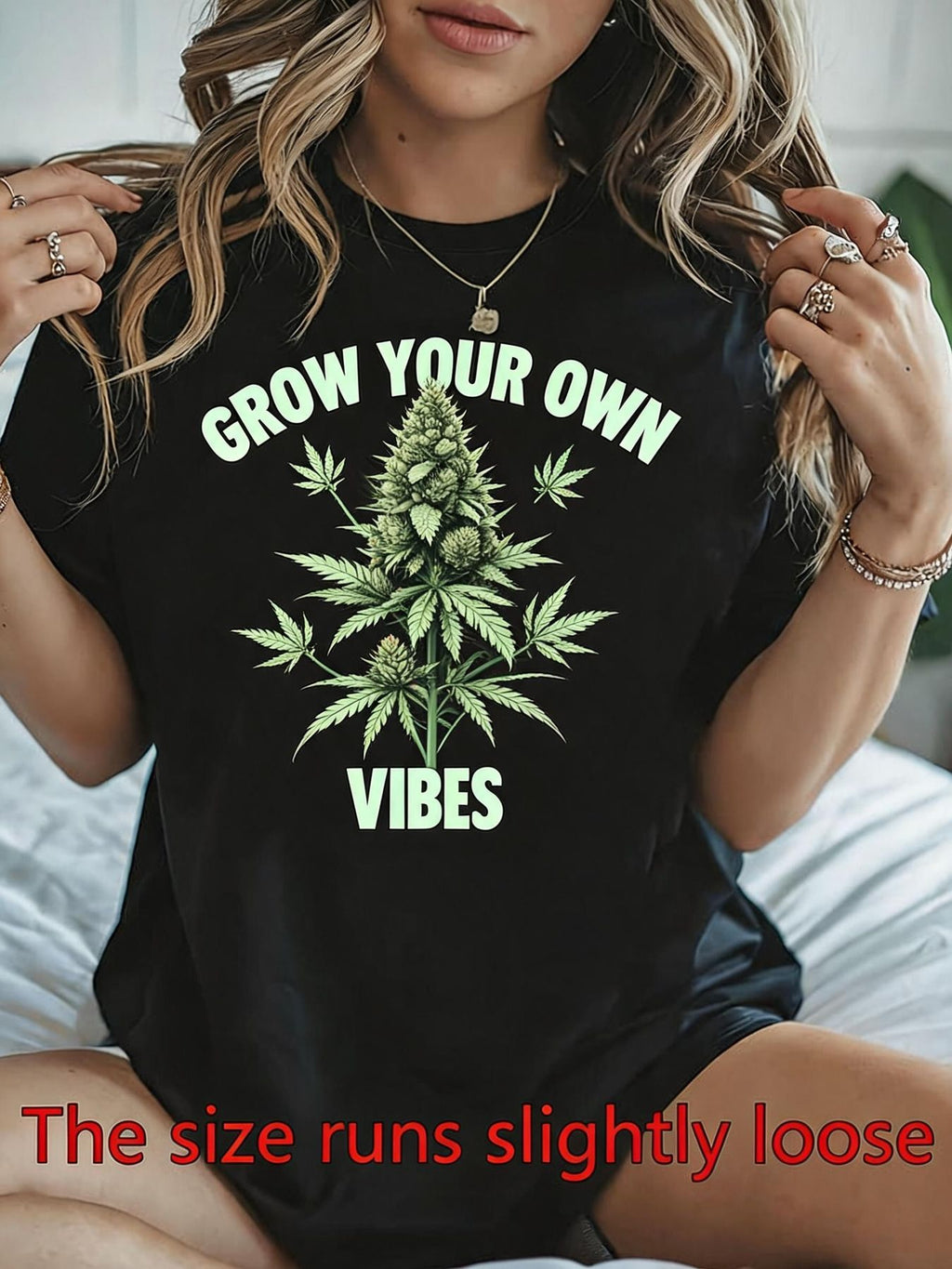 Women's Black Print T-Shirt - Grow Your Own Vibes Suitable for Seasons, Casual Loose Fit Tee with, Non- Solid Base for Casual Attire & Layering, Year-Round Wardrobe Essential