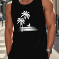 Coconut Tree Moon Men's Casual Summer Vest - Maroon Geometric Palm Tree & Moon Print, Lightweight Breathable Fabric, Regular Fit, Machine Washable, Warm Weather Clothing, Beach Apparel, Tropical Print, Easycare Clothing