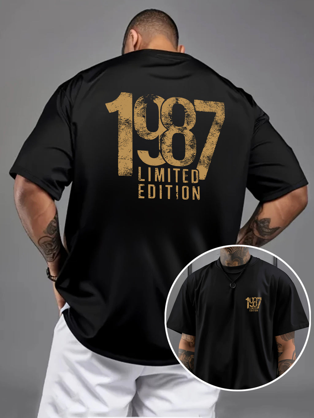 Men'S Trendy Round Neck T-Shirt, Casual Daily Short Sleeve Tee, 1987 Number And Letter Print T-Shirt, As a Gift