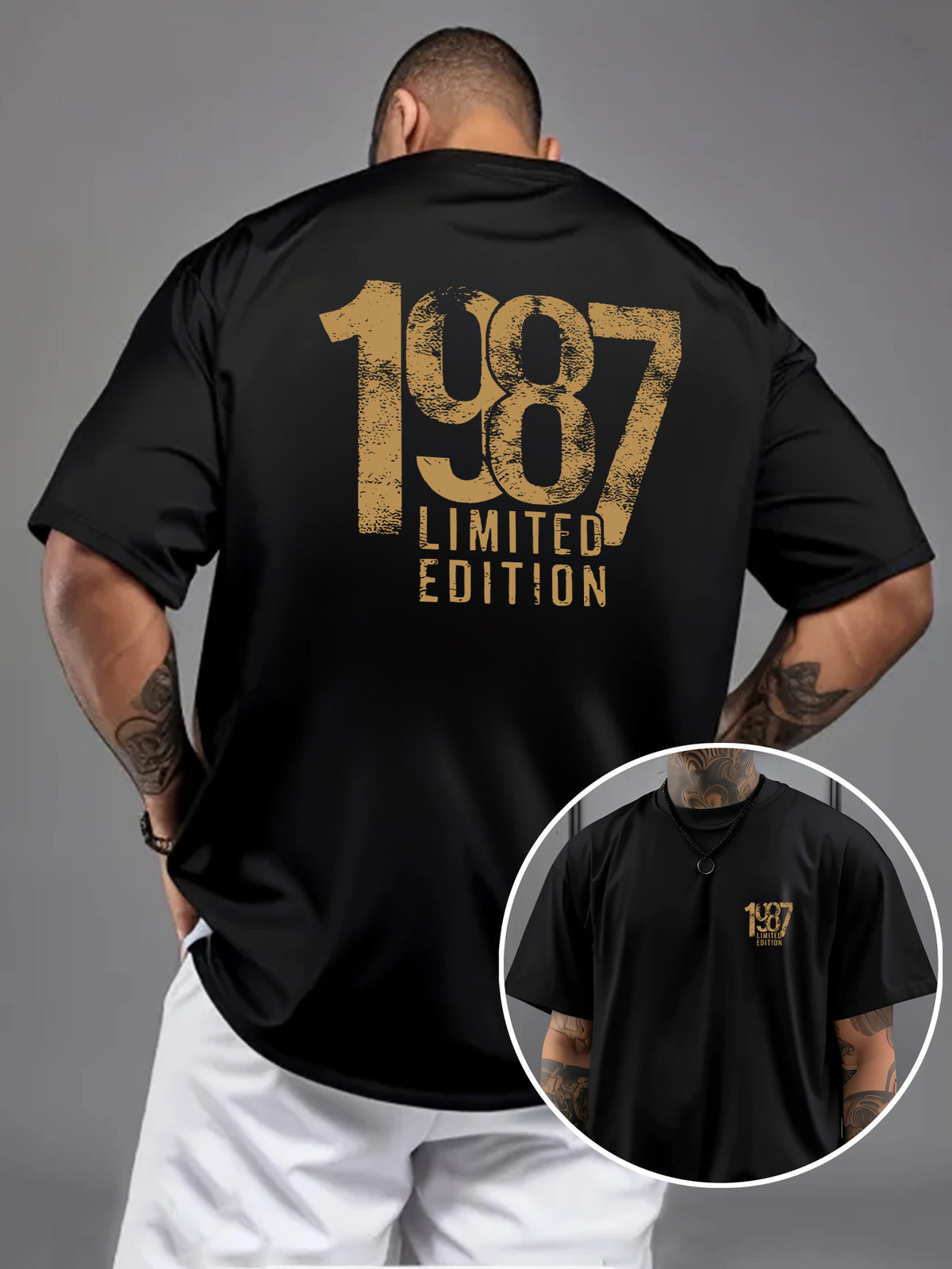 Men'S Trendy Round Neck T-Shirt, Casual Daily Short Sleeve Tee, 1987 Number And Letter Print T-Shirt, As a Gift