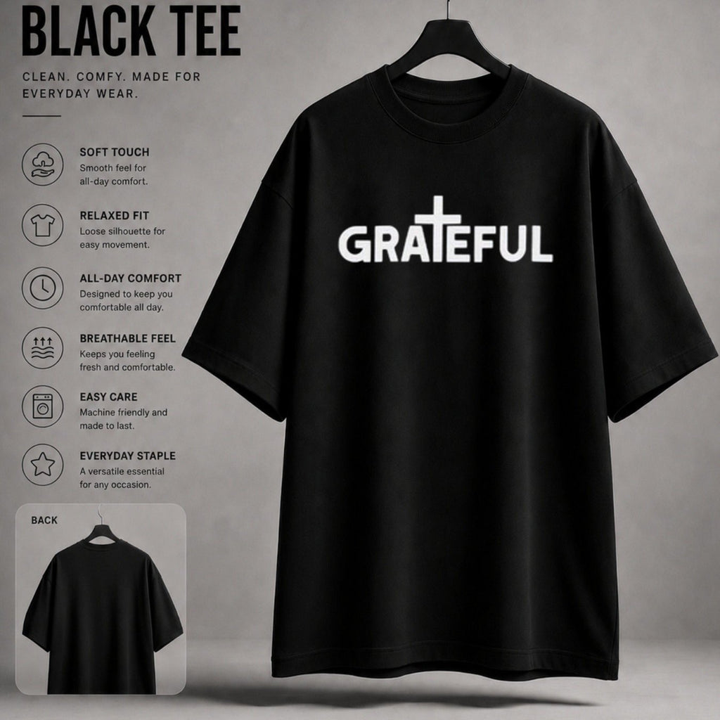 Casual Religious Style, Men's T-Shirt, Grateful Cross Text Design, Daily Wear Summer Season, Gift for Christian Men Believers PLUS SIZE, PLUS SIZE