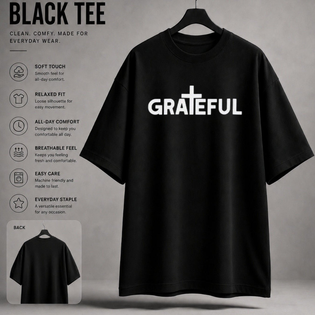 Casual Religious Style, Men's T-Shirt, Grateful Cross Text Design, Daily Wear Summer Season, Gift for Christian Men Believers PLUS SIZE, PLUS SIZE