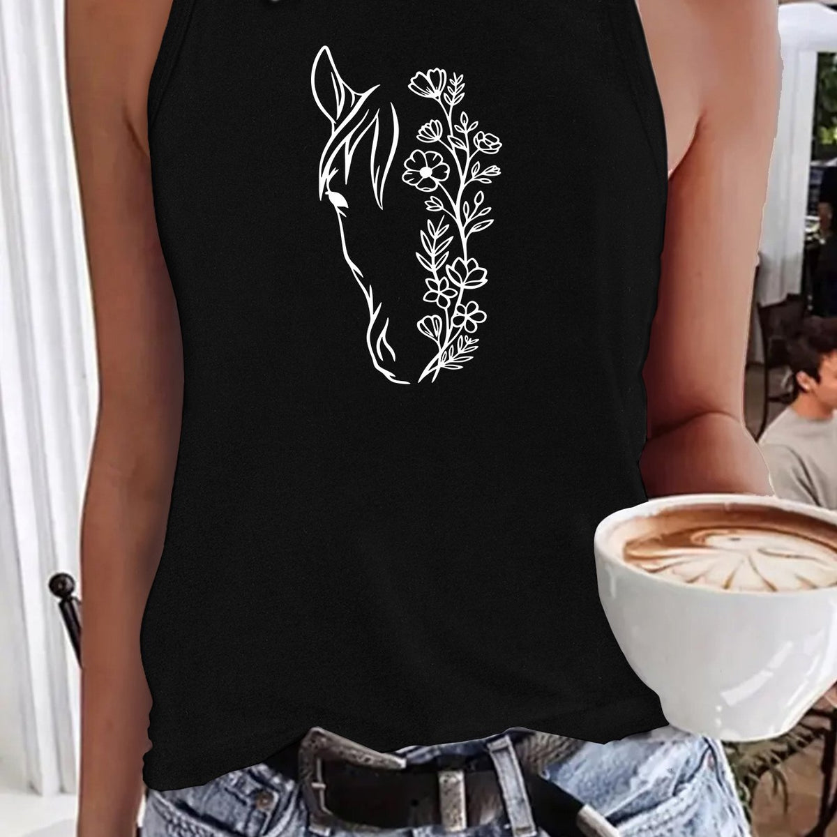 Women's Horse Head Line Art Print Sleeveless Tank Top - Minimalist Cowboy Cactus Sunflower Vest, Round Neck Summer Blouse Top, Machine Washable Casual Streetwear Suitable for Horse Riding & Casual Attire