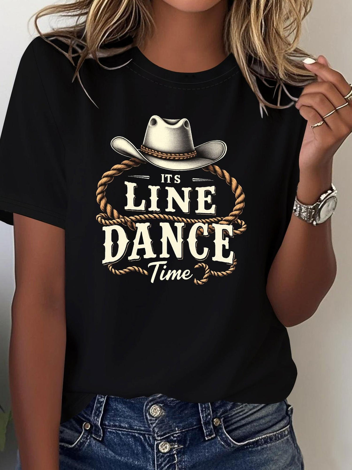Country-Themed Line Dance, It'S Time to Dance! Women'S Short-Sleeve Round Neck T-Shirt with Cowboy Hat And Rope Graphic Print for Spring And Summer
