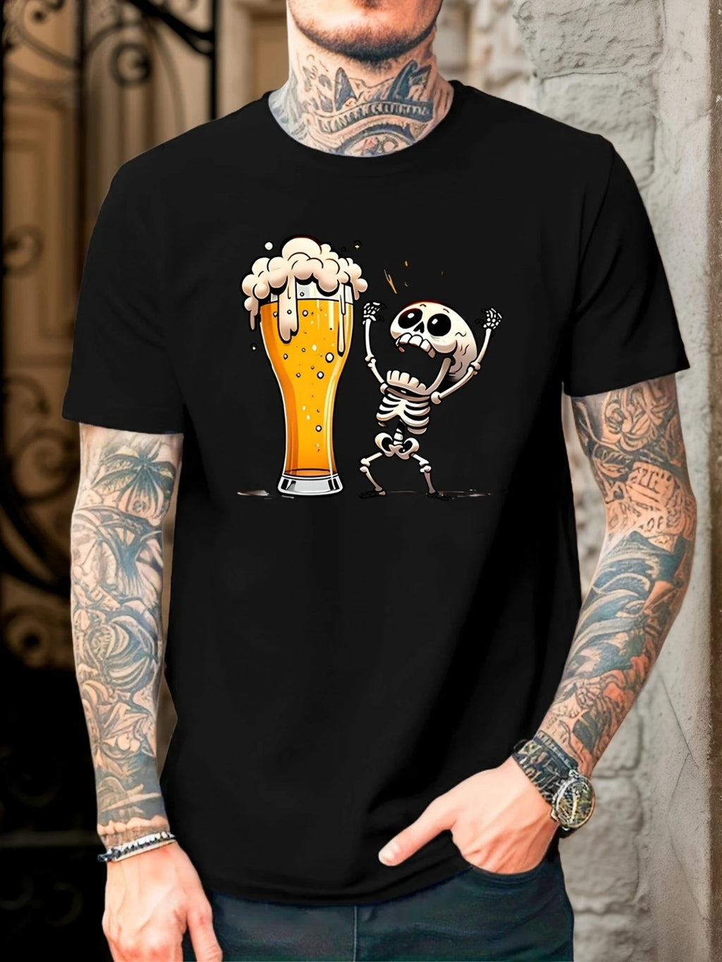 Men's Casual Graphic T-Shirt - Humorous Skeleton Beer Mug Print, Breathable Quick-Dry Fabric, Regular Fit Round Neck Tee for Summer Outdoor Activities & Social Gatherings, Easycare Clothing