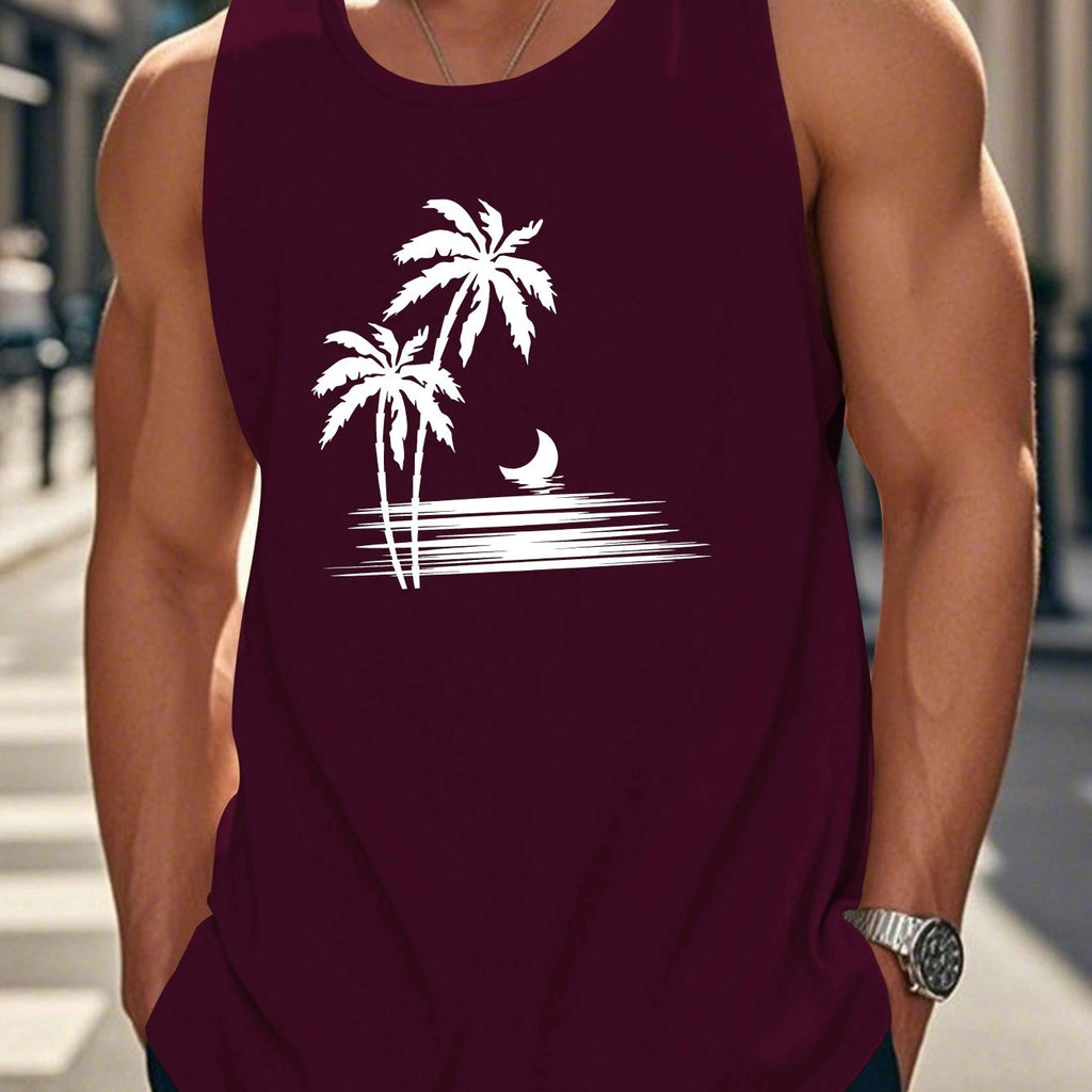 Coconut Tree Moon Men's Casual Summer Vest - Maroon Geometric Palm Tree & Moon Print, Lightweight Breathable Fabric, Regular Fit, Machine Washable, Warm Weather Clothing, Beach Apparel, Tropical Print, Easycare Clothing