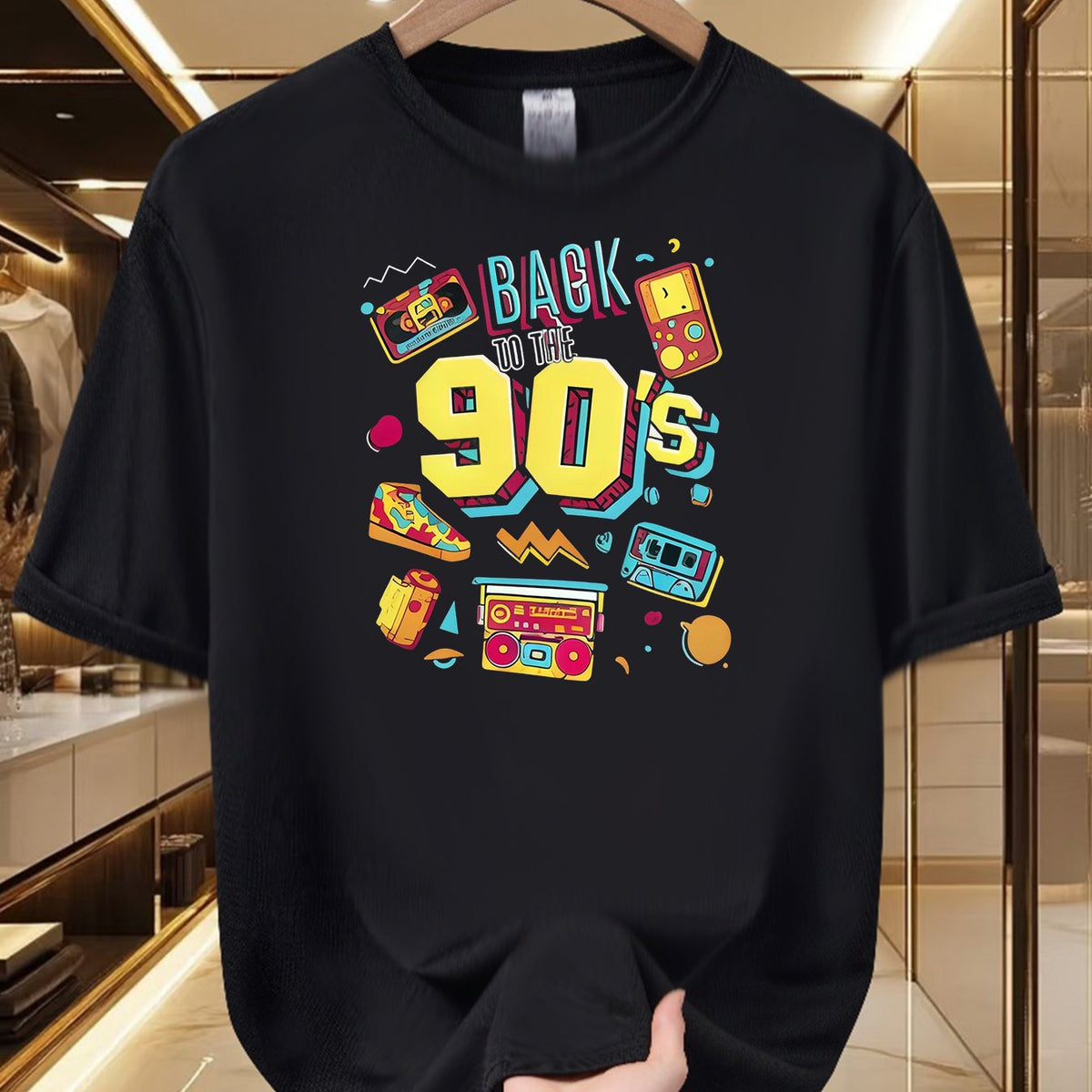 Men'S 90S Retro Graphic Tee - Vintage Feel, Comfortable And Airy, Made of 100% Polyester, Round Neck, Short Sleeves for Summer, Vibrant Print, Retro Hip-Hop Style Shirt