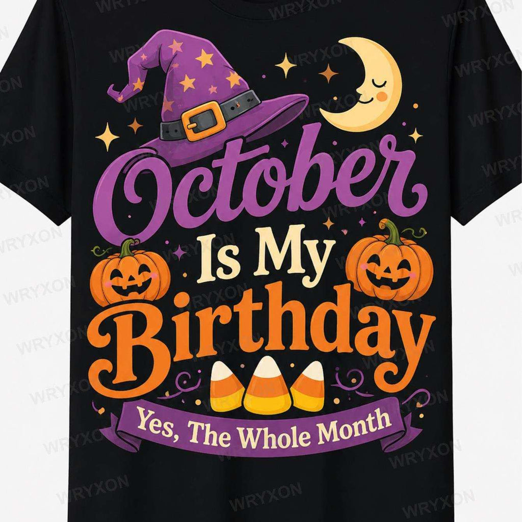 1pc Men's & October Is My Birthday Witch Hat Pumpkin Moon Candy Corn Graphic Short Sleeve T Shirt Halloween Birthday Casual Top