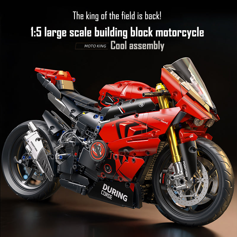 Return of the King! 1:5 super-large proportion of motorcycle building blocks, restore professional racing style, red and black color shows domineering. Precision parts, carefree assembly, for you to create an exclusive mechanical car.