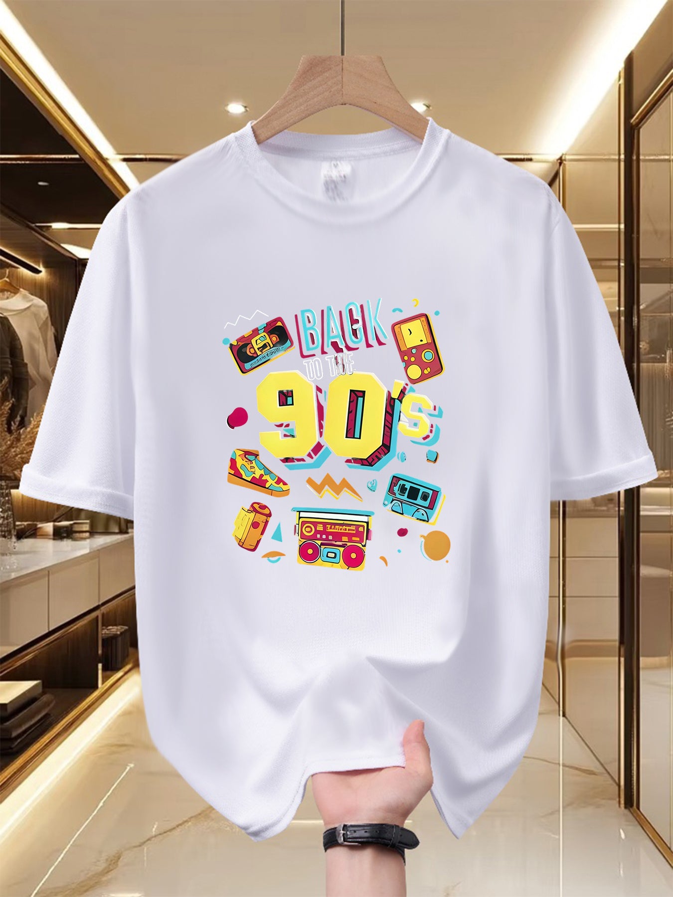Men'S 90S Retro Graphic Tee - Vintage Feel, Comfortable And Airy, Made of 100% Polyester, Round Neck, Short Sleeves for Summer, Vibrant Print, Retro Hip-Hop Style Shirt