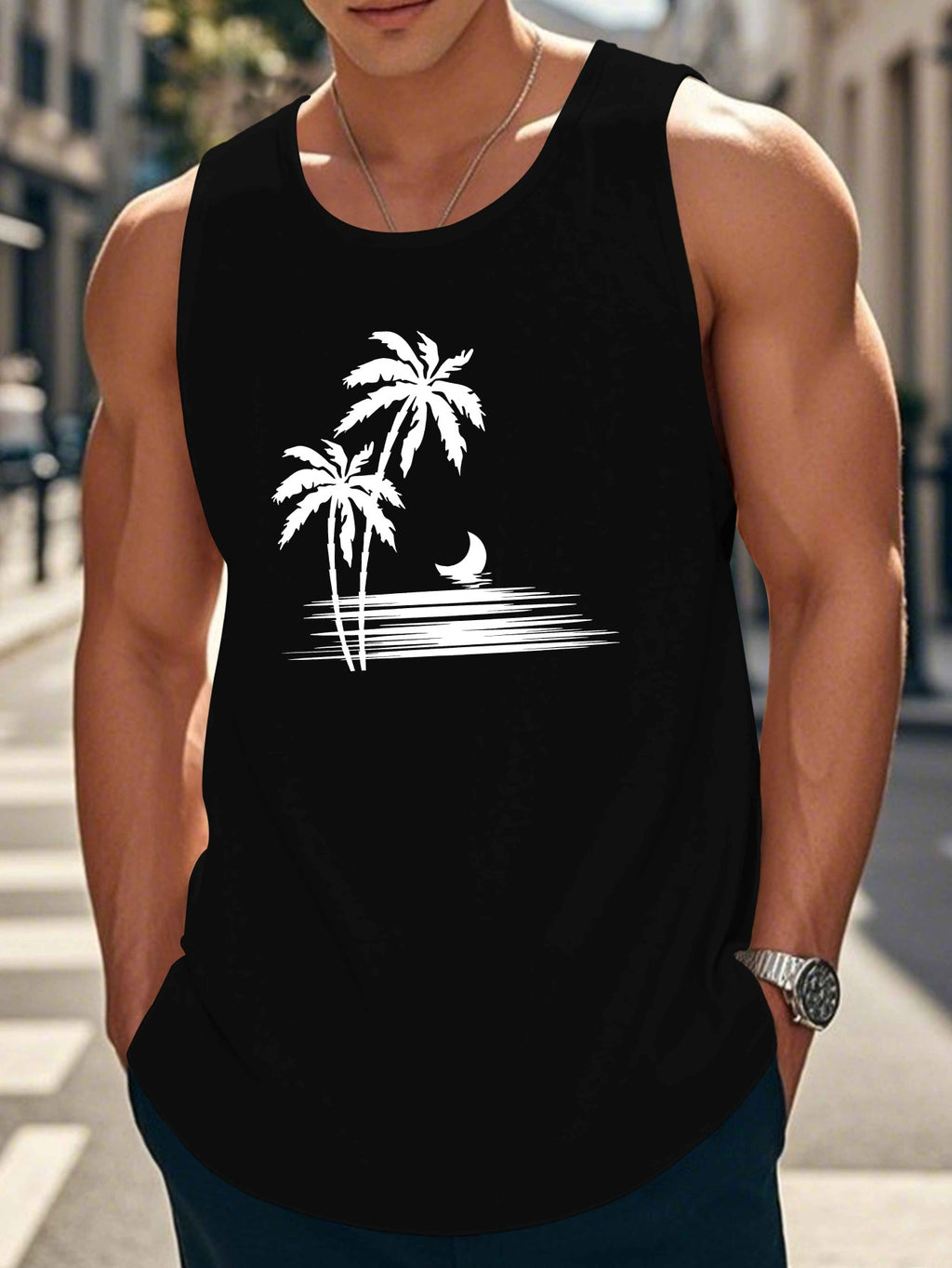 Coconut Tree Moon Men's Casual Summer Vest - Maroon Geometric Palm Tree & Moon Print, Lightweight Breathable Fabric, Regular Fit, Machine Washable, Warm Weather Clothing, Beach Apparel, Tropical Print, Easycare Clothing