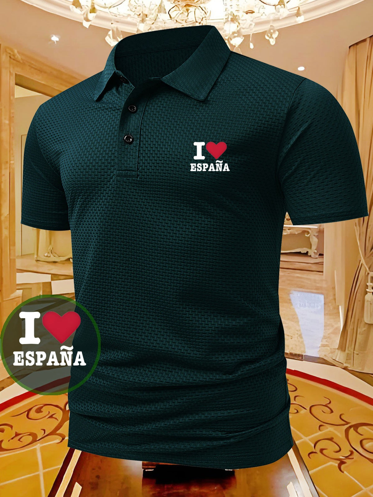 I Love Spain Letter Print Men's Trendy Casual Polo Shirt, Classic Pattern Print T-Shirt, Lapel Plaid Top Style, Versatile and Stylish, Suitable for Both Business and Casual Wear, Ideal Holiday Gift Choice