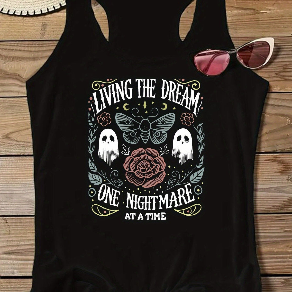Plus Size - Plus Size - Fun Ghost Rose 'LIVING THE DREAM' Vintage Style Printed Tank Top, Sleeveless Round Neck Plus Size Women'S Vest, Suitable for Spring\u002FSummer, Lightweight Breathable Fabric, Fashion Casual Vest | Elastic Fabric