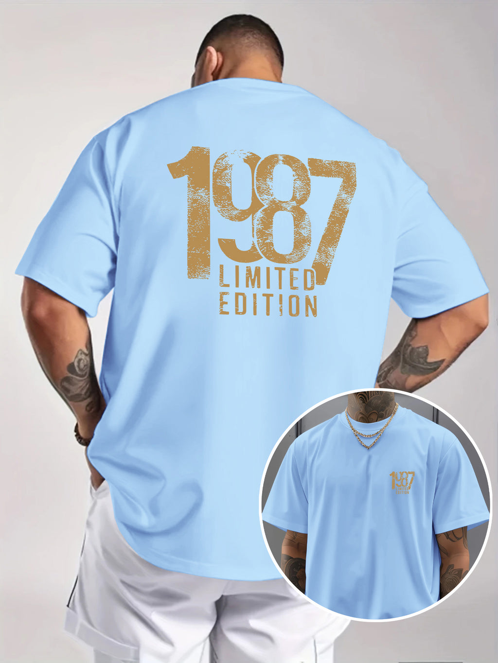 Men'S Trendy Round Neck T-Shirt, Casual Daily Short Sleeve Tee, 1987 Number And Letter Print T-Shirt, As a Gift