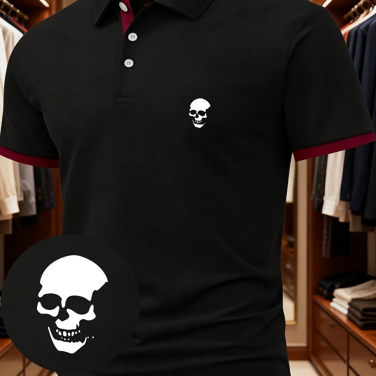 A Men's Unique and Creative Skull-themed Fashion Design Logo Print Polo Shirt, Suitable for All Seasons. The Regular Fit Blends European and American Fashion Styles, Showcasing a Casual and Simple Look, Perfect for Both Formal Occasions and Daily