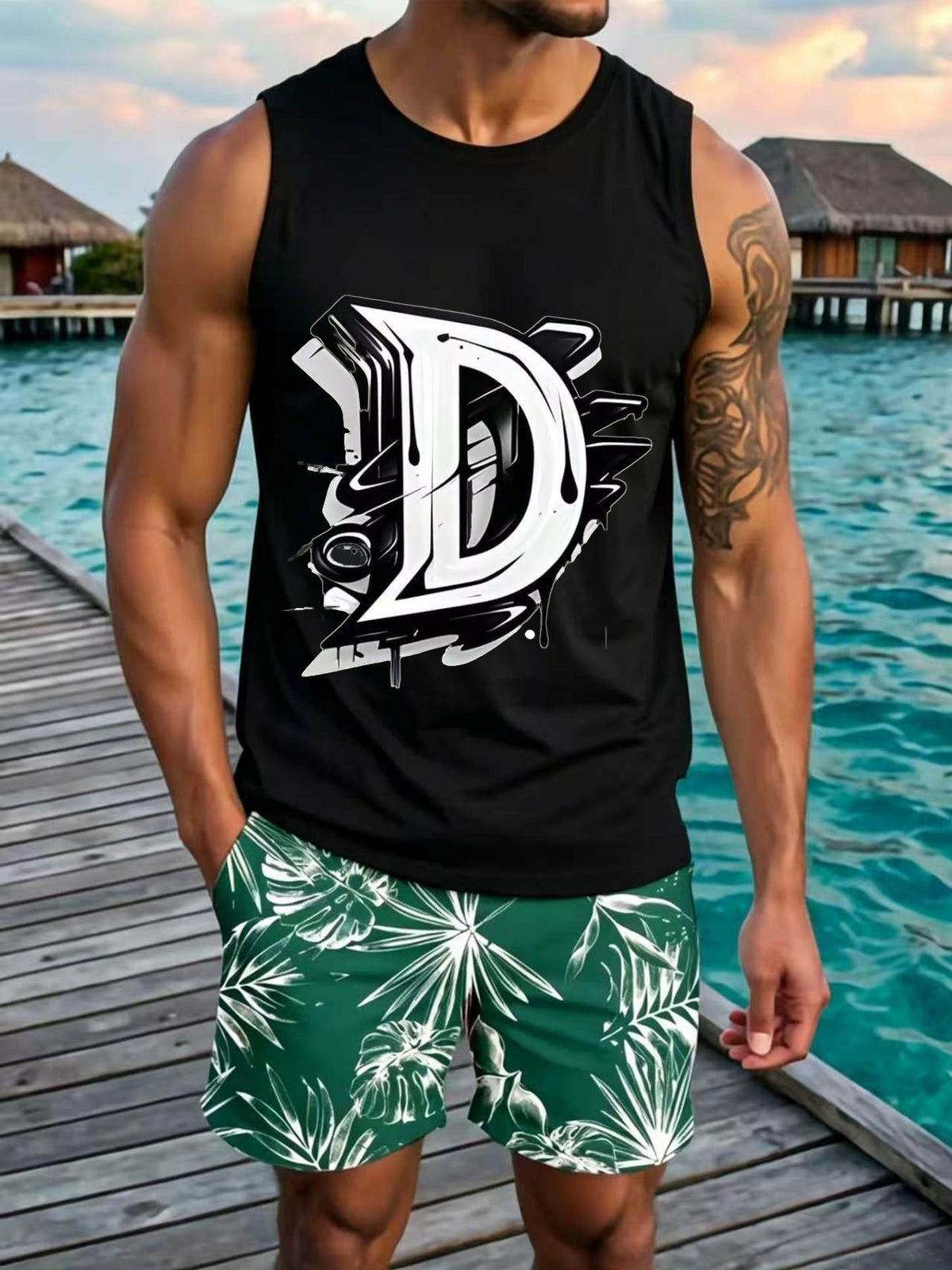 Gym Workout Fitness Casual Summer WearBold Graffiti Style Letter D with Dynamic Splash and Stroke Details Design01.Beach Vacation Summer Holiday Leisure