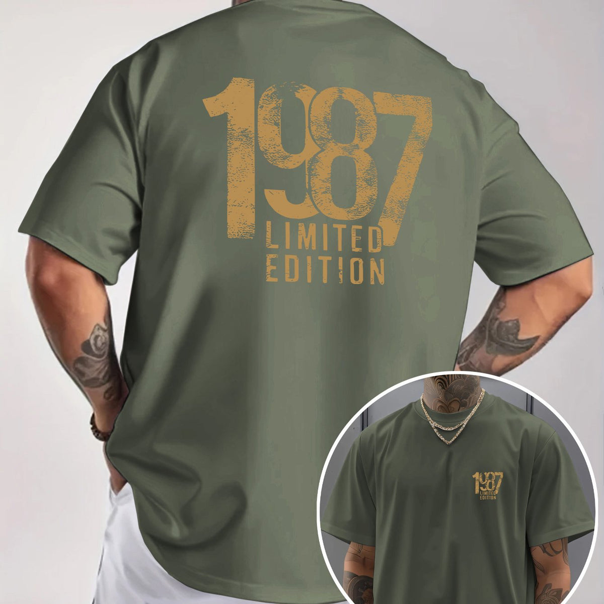 Men'S Trendy Round Neck T-Shirt, Casual Daily Short Sleeve Tee, 1987 Number And Letter Print T-Shirt, As a Gift
