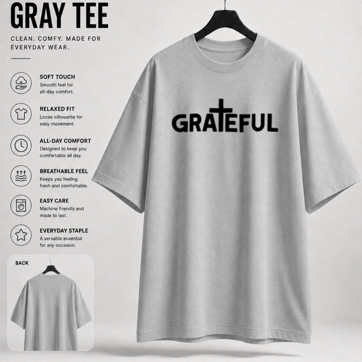 Casual Religious Style, Men's T-Shirt, Grateful Cross Text Design, Daily Wear Summer Season, Gift for Christian Men Believers PLUS SIZE, PLUS SIZE