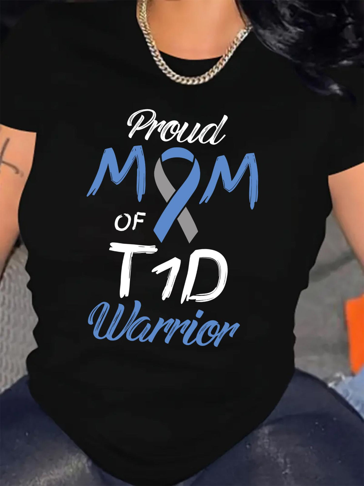 Proud Mom of T1D Warrior Women'S T-Shirt - Type 1 Awareness Ribbon Design, Loose Fit Crew Neck Short Sleeve Top, Comfortable Casual Attire, Sizes (Black) - Supportive Mother of T1D Apparel