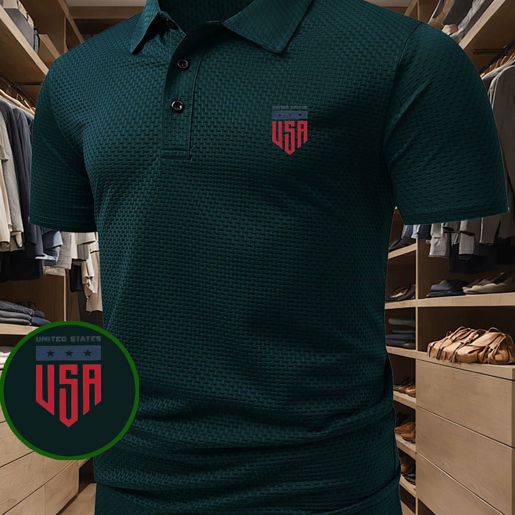 LIMITED STATES Letter Print Top, Men's Printed Polo Shirt, Short-Sleeve Lightweight Performance T-Shirt, Casual Sporty Style Stretchy Comfortable Golf Shirt, Versatile Men's Top