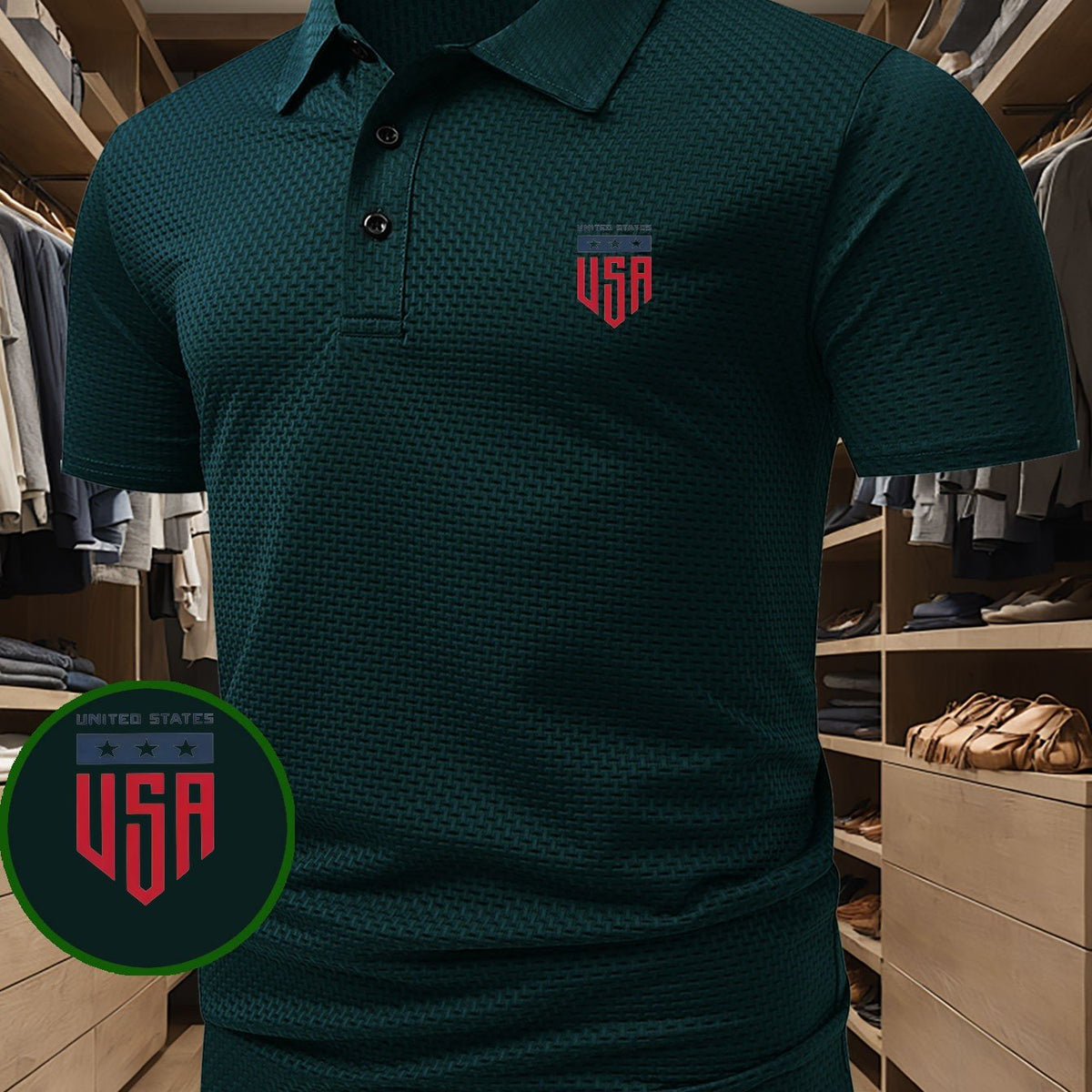 LIMITED STATES Letter Print Top, Men's Printed Polo Shirt, Short-Sleeve Lightweight Performance T-Shirt, Casual Sporty Style Stretchy Comfortable Golf Shirt, Versatile Men's Top
