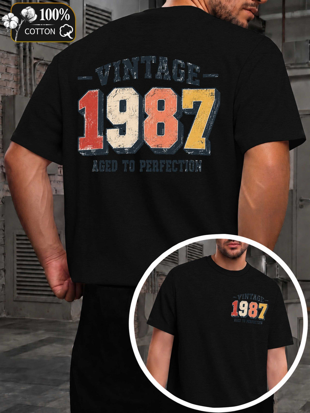 Men's Vintage 1987 Retro T-Shirt - Aged Authentic with Original Markings, Round Neck Casual Fit Suitable for - Wear, Machine Washable Style for Everyday & Themed Events