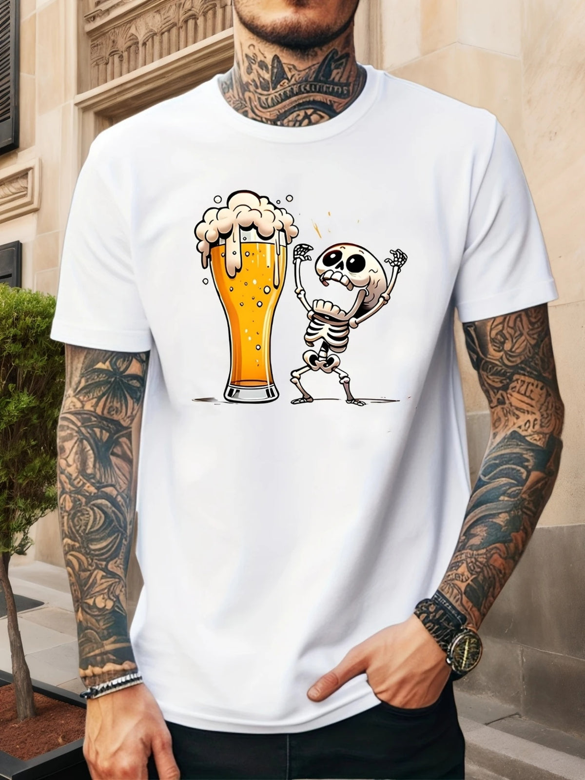 Men's Casual Graphic T-Shirt - Humorous Skeleton Beer Mug Print, Breathable Quick-Dry Fabric, Regular Fit Round Neck Tee for Summer Outdoor Activities & Social Gatherings, Easycare Clothing