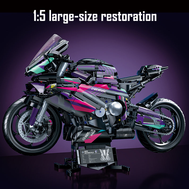 2062 pieces of super cool 1:5 mechanical motorcycle building blocks, full of cyberpunk style, exquisite details, full of mechanical texture, immersive experience of assembly fun, creating a cool desktop scenery.
