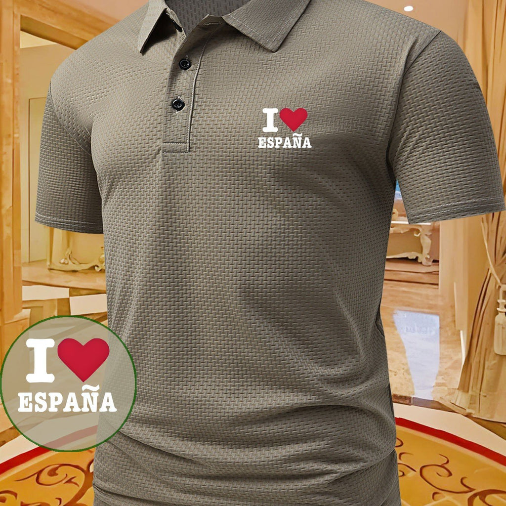 I Love Spain Letter Print Men's Trendy Casual Polo Shirt, Classic Pattern Print T-Shirt, Lapel Plaid Top Style, Versatile and Stylish, Suitable for Both Business and Casual Wear, Ideal Holiday Gift Choice