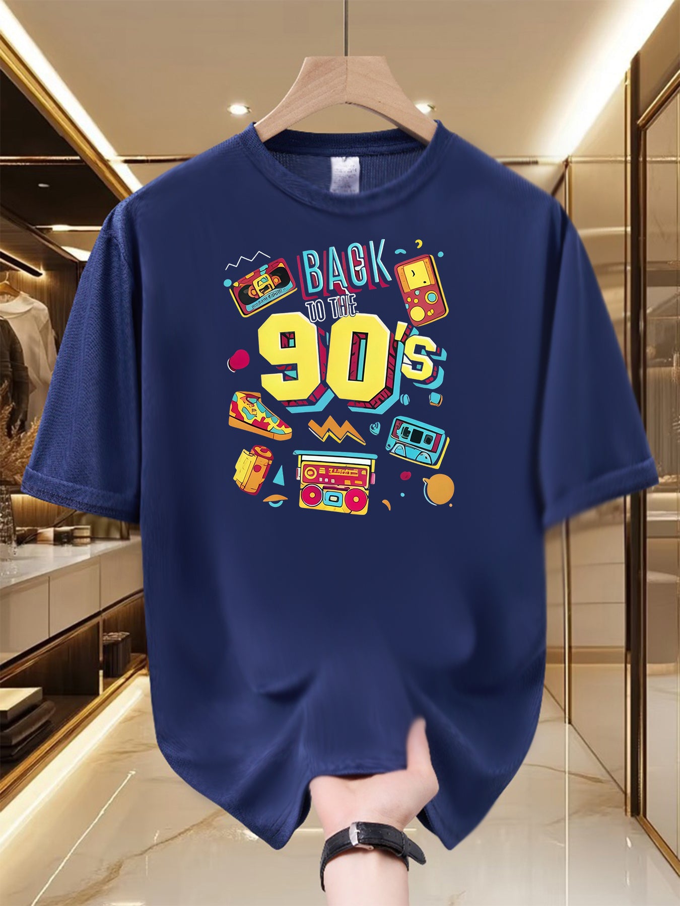 Men'S 90S Retro Graphic Tee - Vintage Feel, Comfortable And Airy, Made of 100% Polyester, Round Neck, Short Sleeves for Summer, Vibrant Print, Retro Hip-Hop Style Shirt