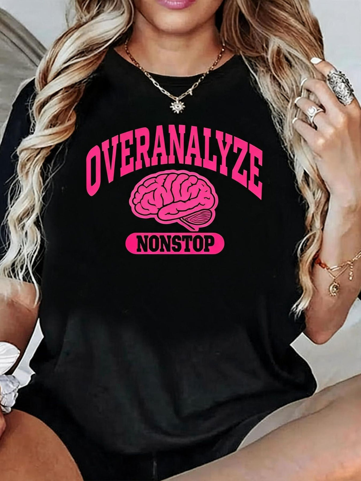 Women's Casual Graphic T-Shirt Overanalyze Nonstop Brain Print Black Short Sleeve