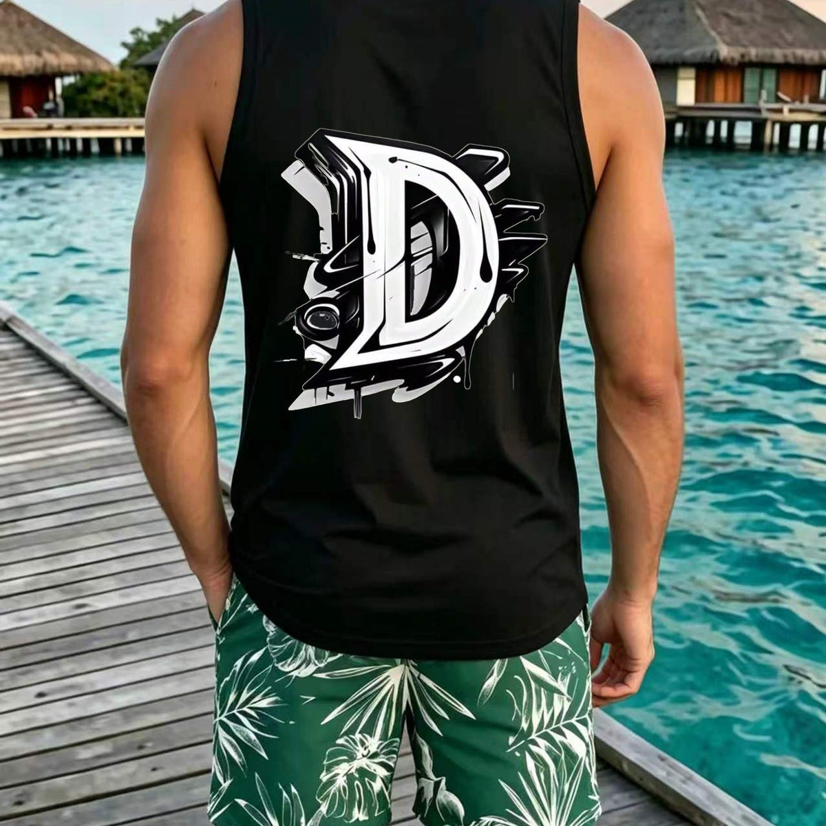 Gym Workout Fitness Casual Summer WearBold Graffiti Style Letter D with Dynamic Splash and Stroke Details Design01.Beach Vacation Summer Holiday Leisure