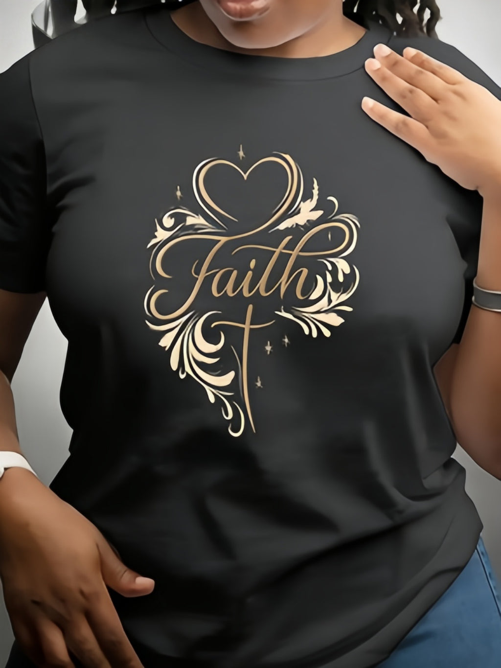 Women Faith Cross Heart Graphic T-Shirt, Inspirational Faith Feather Floral Slogan Tee, Casual Crew Neck Short Sleeve Cotton Top