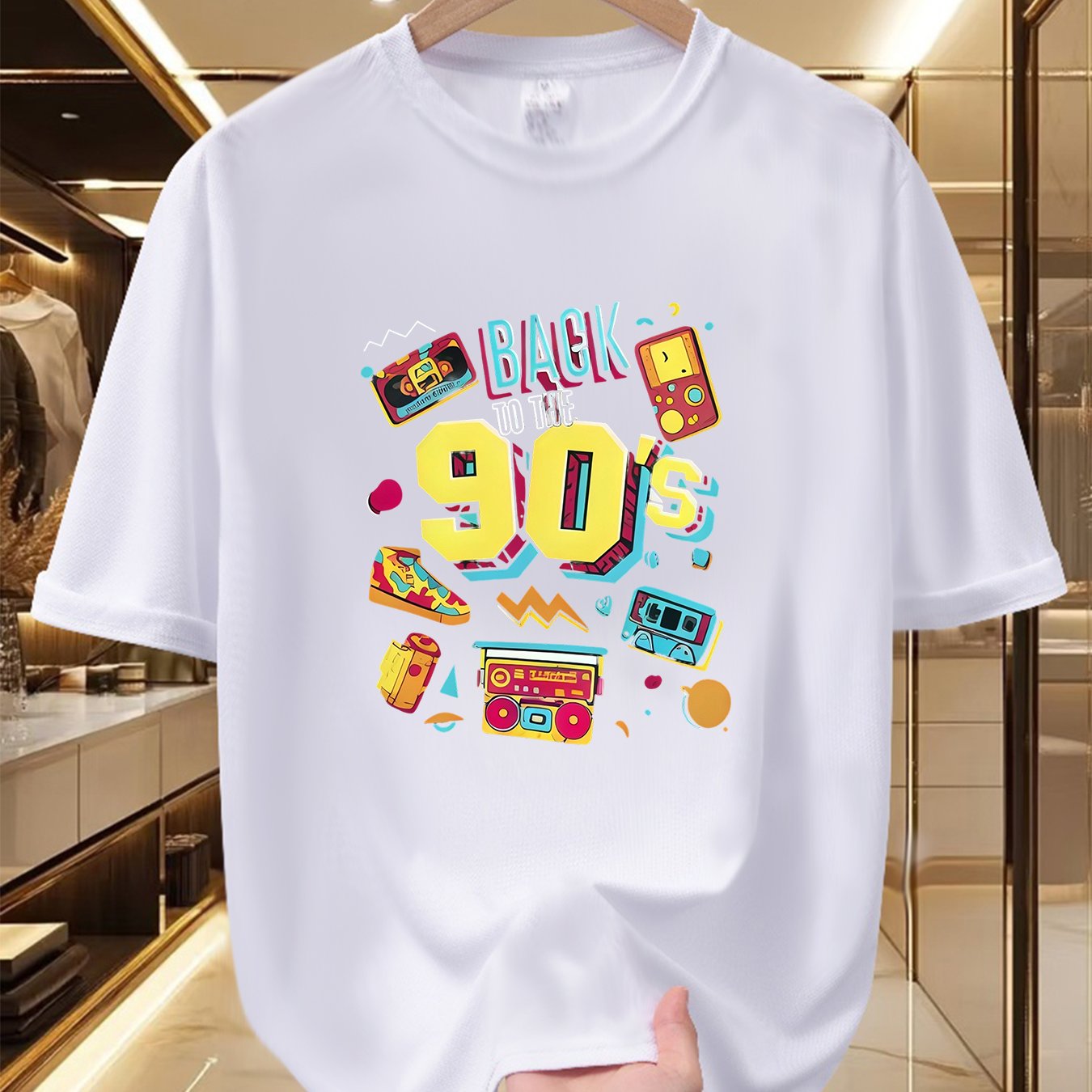 Men'S 90S Retro Graphic Tee - Vintage Feel, Comfortable And Airy, Made of 100% Polyester, Round Neck, Short Sleeves for Summer, Vibrant Print, Retro Hip-Hop Style Shirt