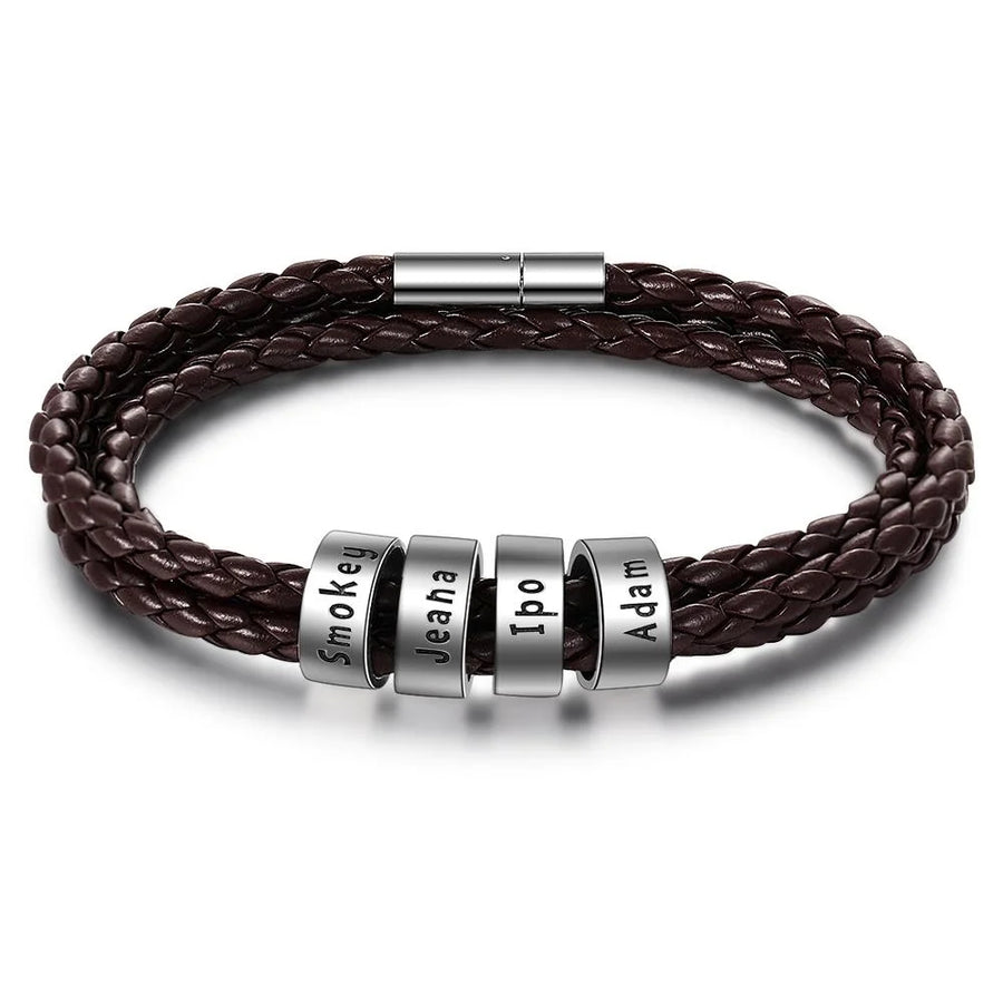 Mens Leather Braided Bracelet With 4 Custom Beads