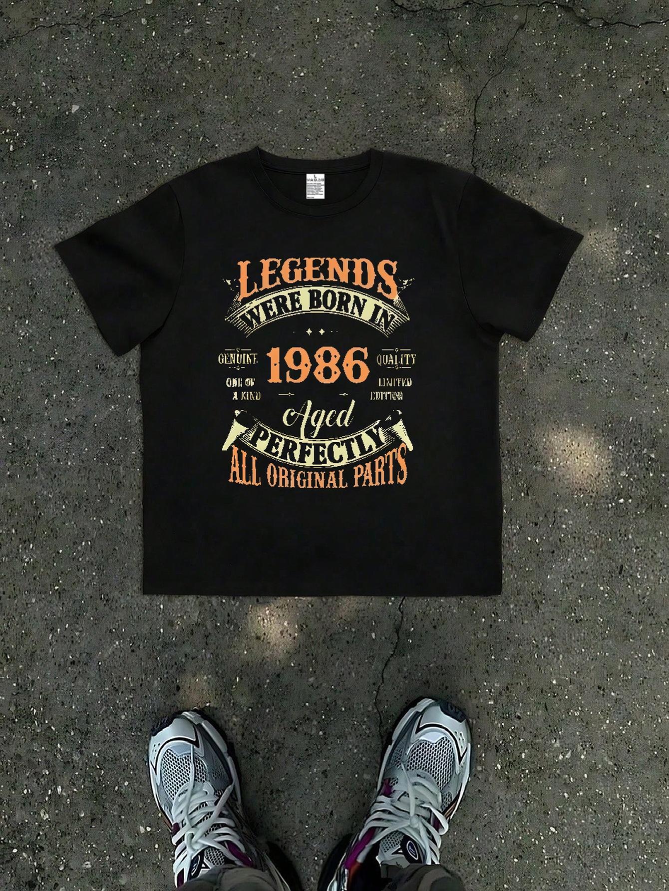 Men' & Women' Suitable for Legends Were Born in 1986 Vintage T-Shirt - Retro 1986 Print Round Neck Short Sleeve Breathable Summer Casual Tee, Machine Washable Loose Fit Unisex Top for Casual Attire & Nostalgic Style