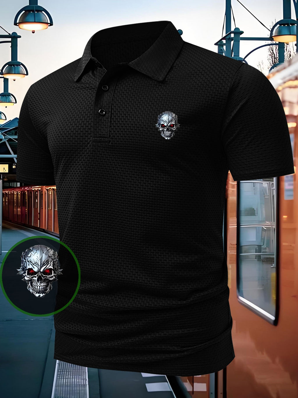 1pc Skull Pattern Print Polo Shirt, Short Sleeve Lightweight Performance Style T-Shirt, Casual Athletic Stretch Comfortable Shirt