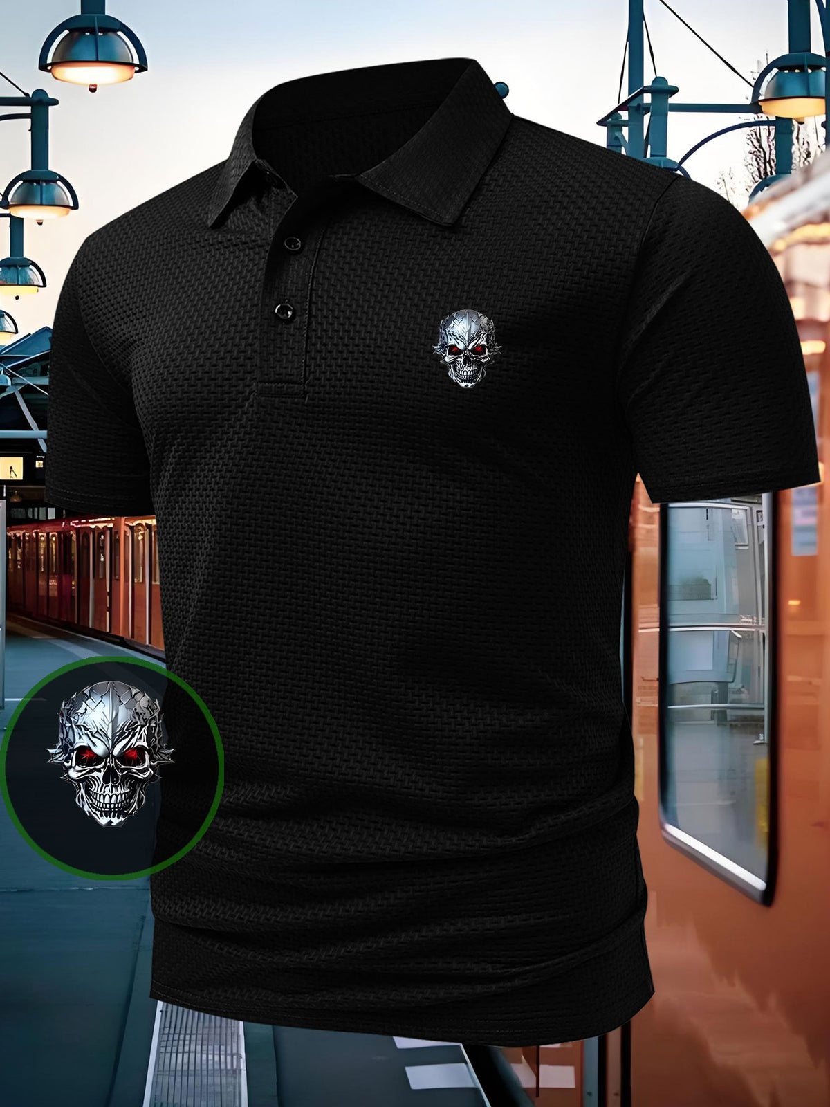 1pc Skull Pattern Print Polo Shirt, Short Sleeve Lightweight Performance Style T-Shirt, Casual Athletic Stretch Comfortable Shirt