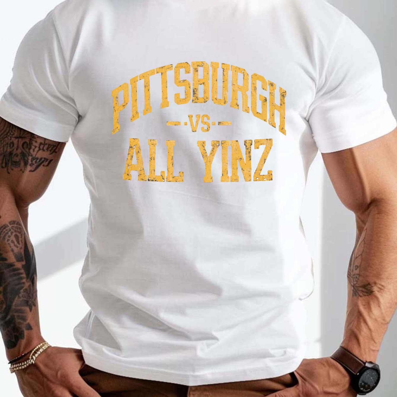 DO IT PITTSBURGH ALL YINZ Crinkle T-Shirt for Men - Plus Size Casual Summer Shirt with Pittsburgh Slang, Round Neck & Crinkle Texture, Machine Washable Urban Streetwear, PLUS SIZE