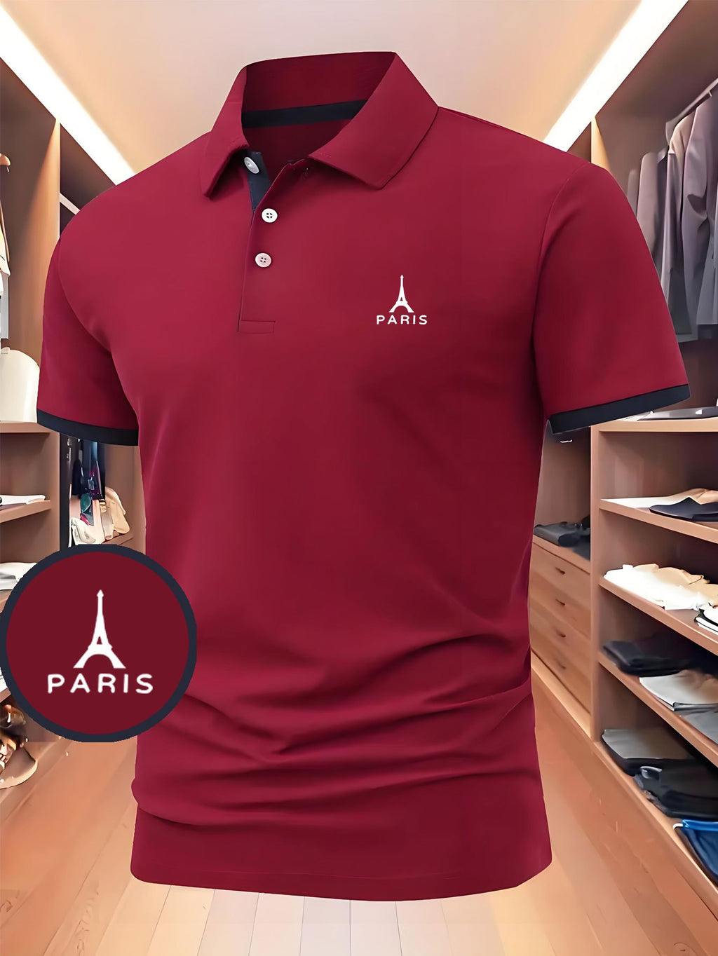 Men's Lapel Casual Polo Shirt with Eiffel Tower Paris Pattern and \