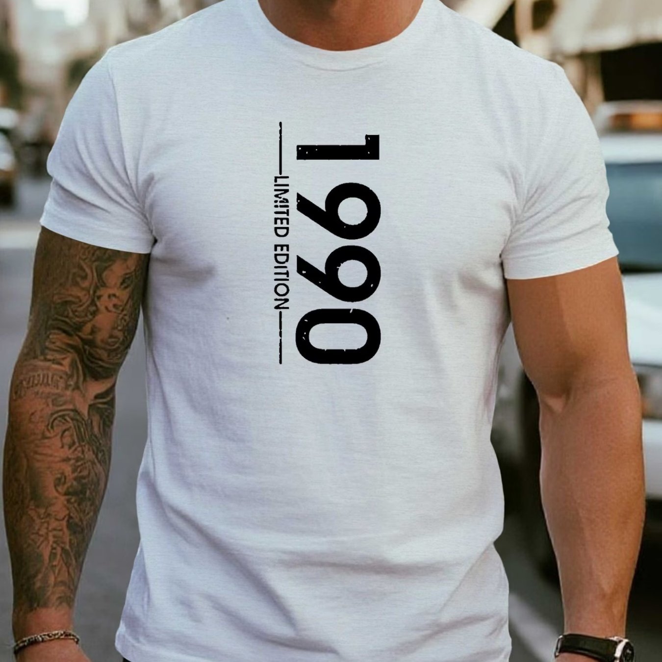 Men's 1990 Limited Edition Graphic T-Shirt- Casual Street Style, Soft and Breathable, 100% Fiber, Classic Crew Neck, Short-sleeved Summer T-shirt, Trendy Urban Fashion