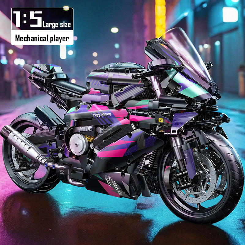 2062 pieces of super cool 1:5 mechanical motorcycle building blocks, full of cyberpunk style, exquisite details, full of mechanical texture, immersive experience of assembly fun, creating a cool desktop scenery.