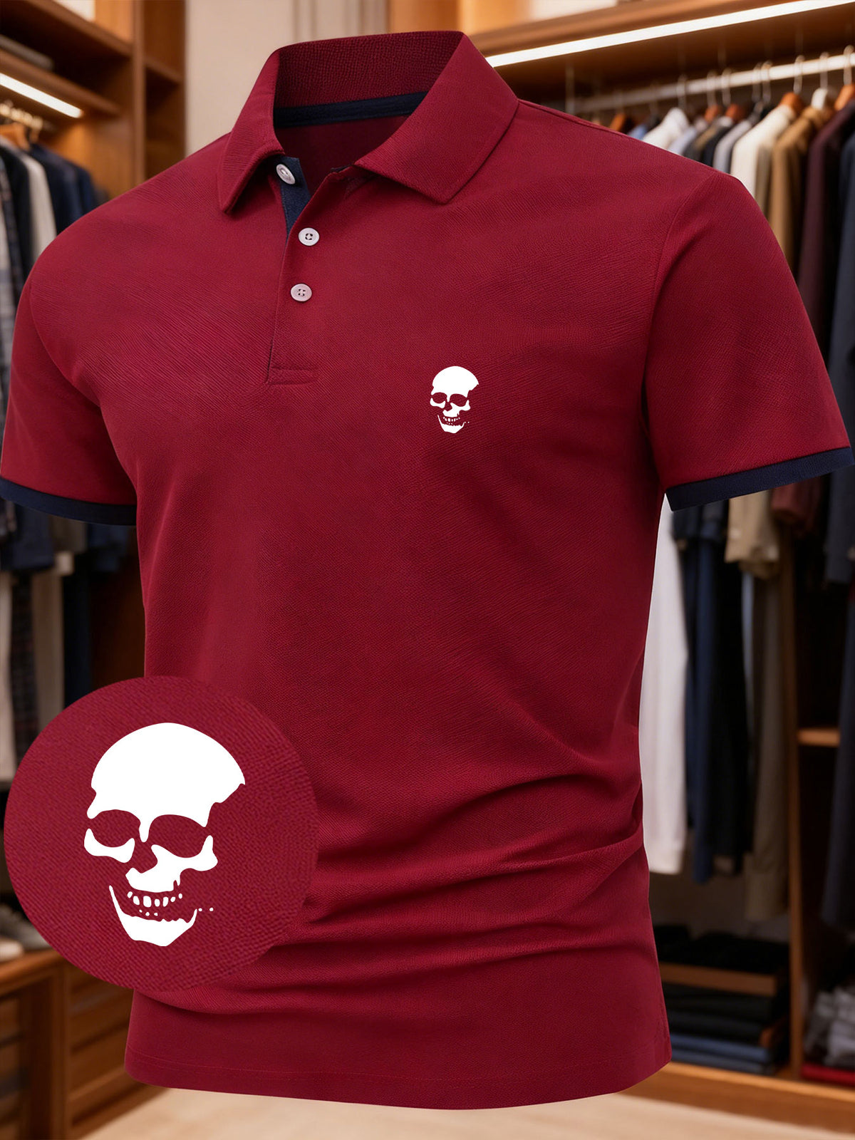 A Men's Unique and Creative Skull-themed Fashion Design Logo Print Polo Shirt, Suitable for All Seasons. The Regular Fit Blends European and American Fashion Styles, Showcasing a Casual and Simple Look, Perfect for Both Formal Occasions and Daily
