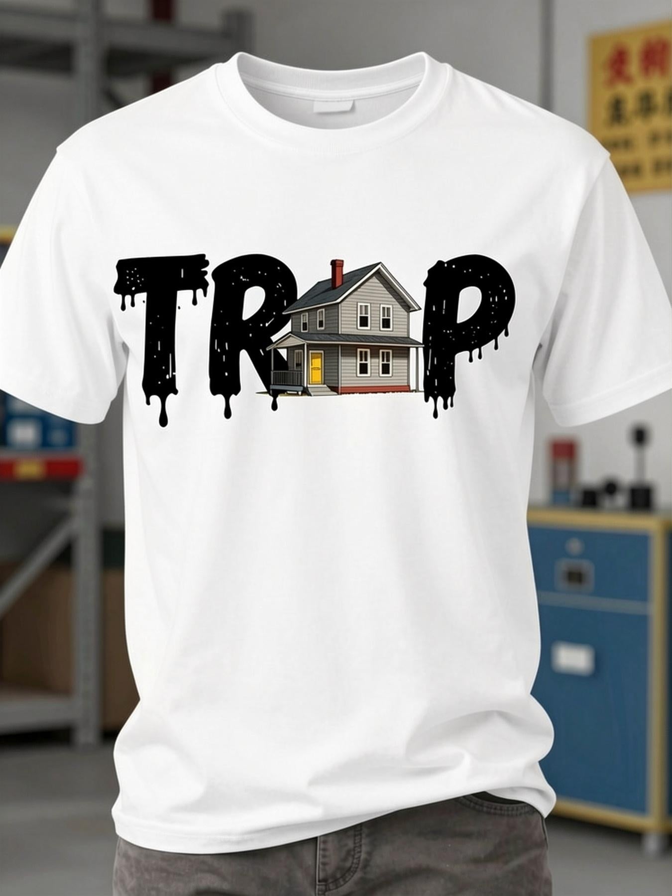 Men's Trap House T-Shirt - Bold TRAP Lettering & House Design Streetwear Tee, Hip-Hop Rap Music Outfit with Urban Crew Neck Top Suitable for Concerts, Festivals, Daily Wear, Machine Washable for Autumn\u002FWinter Season Attire