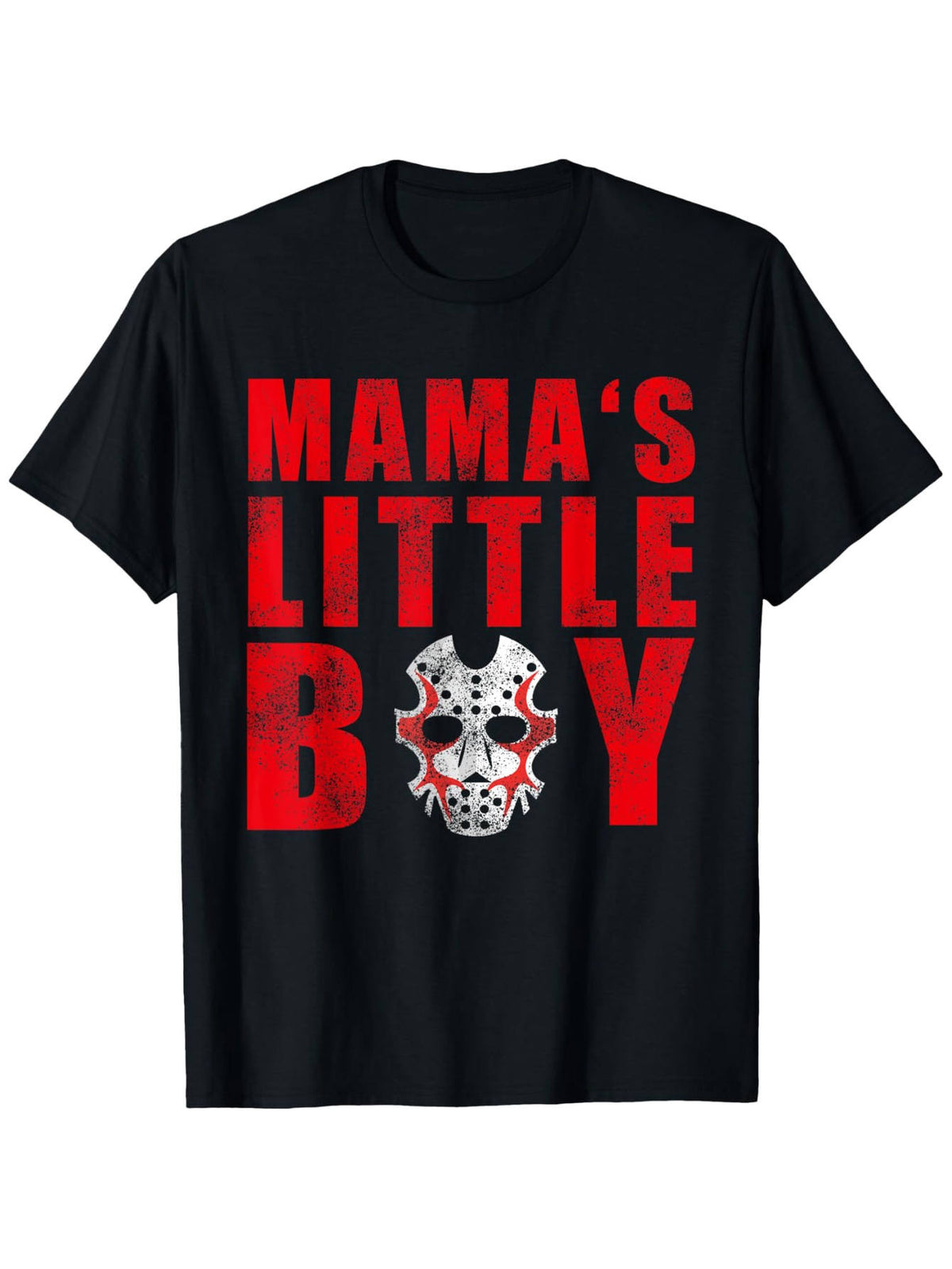 MAMA'S LITTLE BOY T-Shirt - Bold Red Distressed Text with Hockey Mask Detail, Short Sleeve Crew Neck Tee - Trendy Gift for Fans of Horror, Unique Graphic Design for Everyday Wear, Ideal for Birthdays, Holidays, or Casual Outings