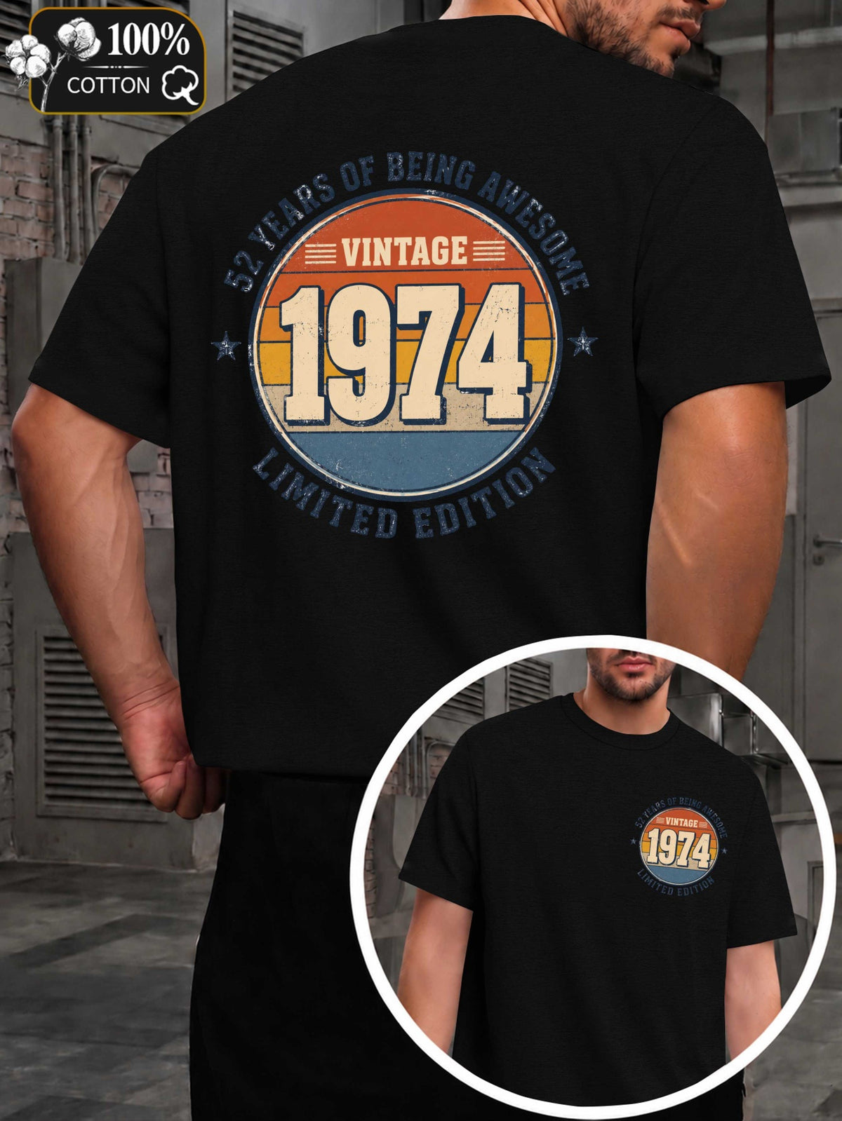 Men's Vintage 1974 Limited Edition T-Shirt - Retro 1974 Print Round Neck Casual Tee, Suitable for Year-Round Wear, Machine Washable Apparel with Original Markings, Nostalgic Gift for Everyday Use & Special Occasions